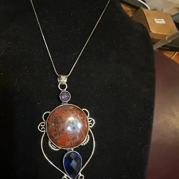 Red Jasper & Amethyst Pendant Necklace on Sterling Silver Chain